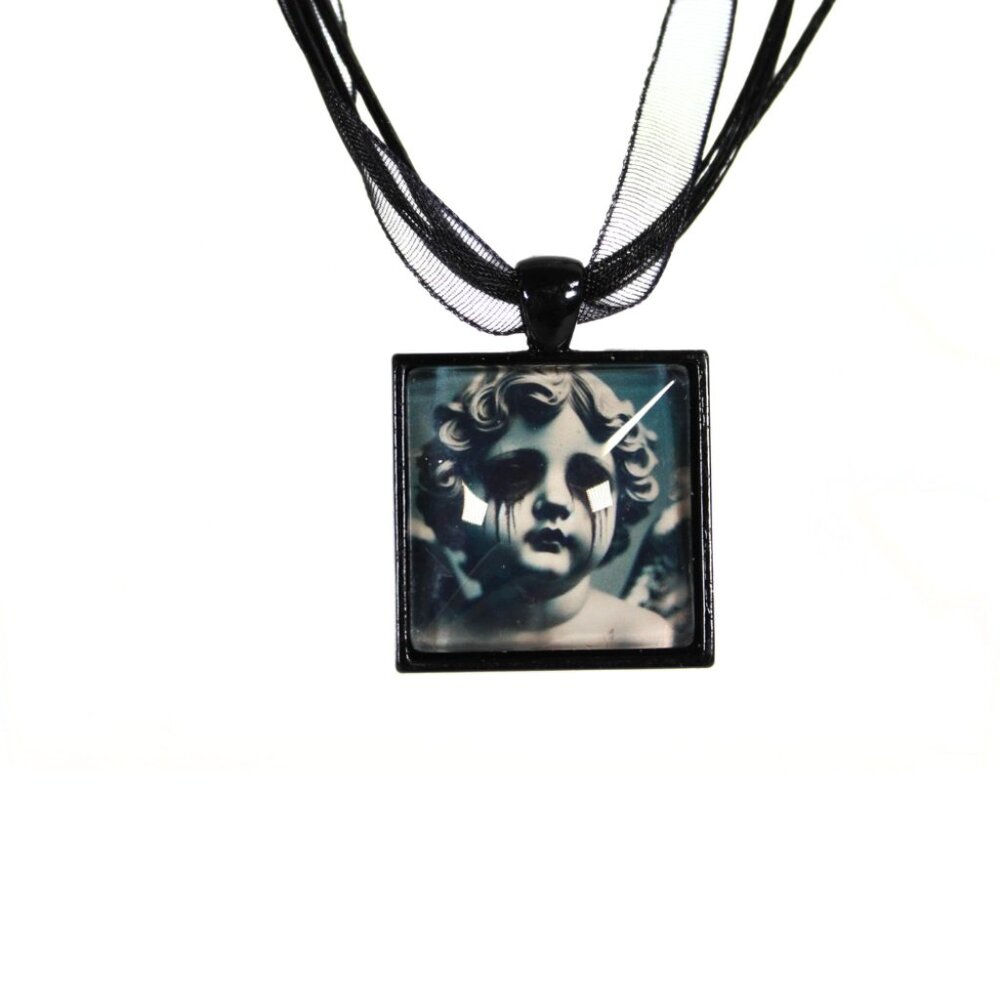 🔨 Gothic Grunge Cupid Necklace Handmade Black Metal Square Pendant Crying Cupid